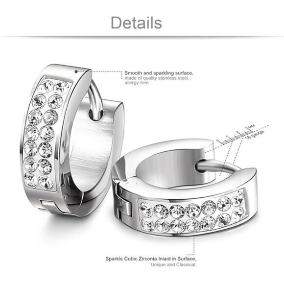 Stainless Steel Mens Hoop Earrings Huggie Earrings CZ Piercings 3 - Picture 2 of 7